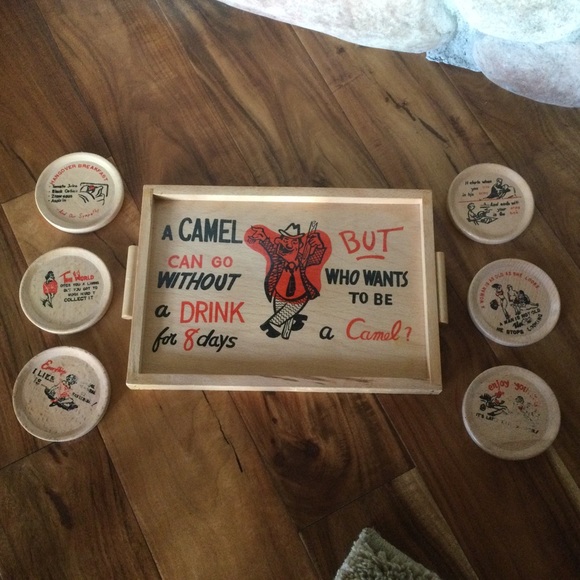 ✔️Vintage 6 Coasters w/ Wood Tray Retro Drinking Jokes Humor Prints MCM - Picture 3 of 10